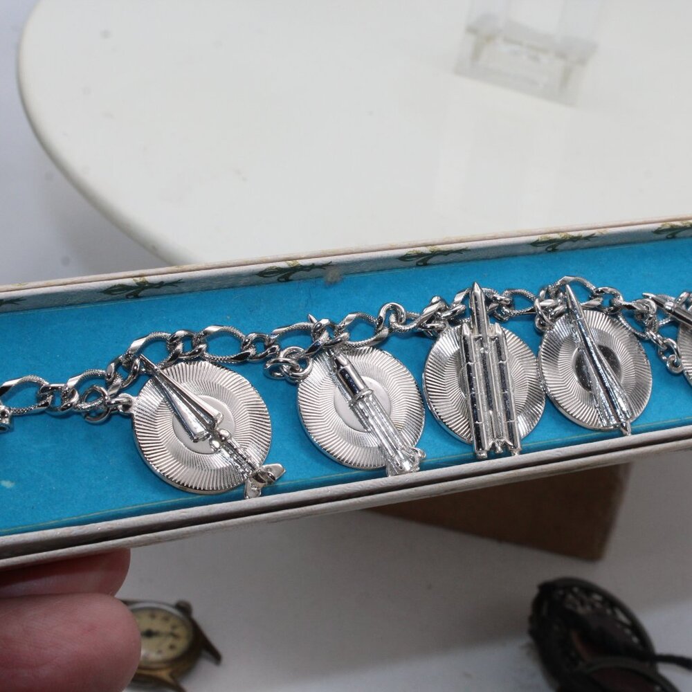 Vintage MCM Mid Century Modern Rocket Ship Bracelet Rocket Charms MIB RARE